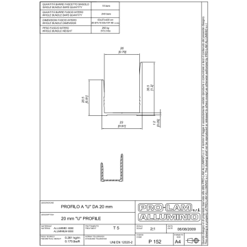 PROFILO A "U" ALLUM.20mm P152 4MT =